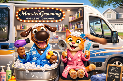 Dog and cat with mobile grooming van